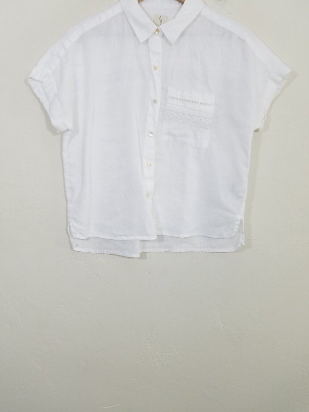 Joie 100% Linen Button Down Short Sleeve Top Blouse white with Pocket Size S